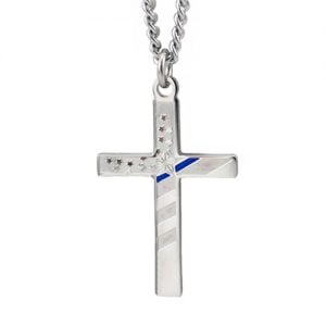Stainless Steel Flag Cross with Thin Blue Line Necklace-Proverbs 30:5
